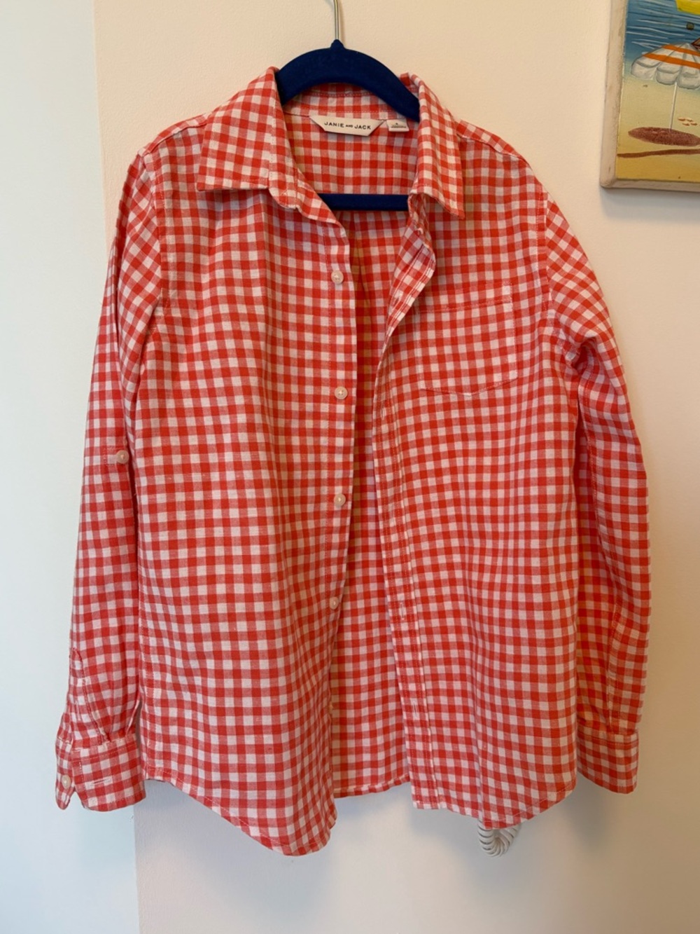 JANIE AND JACK Boys Gingham Button Down Long Sleeve Shirt Salmon/Pink Size 8 - Picture 6 of 11